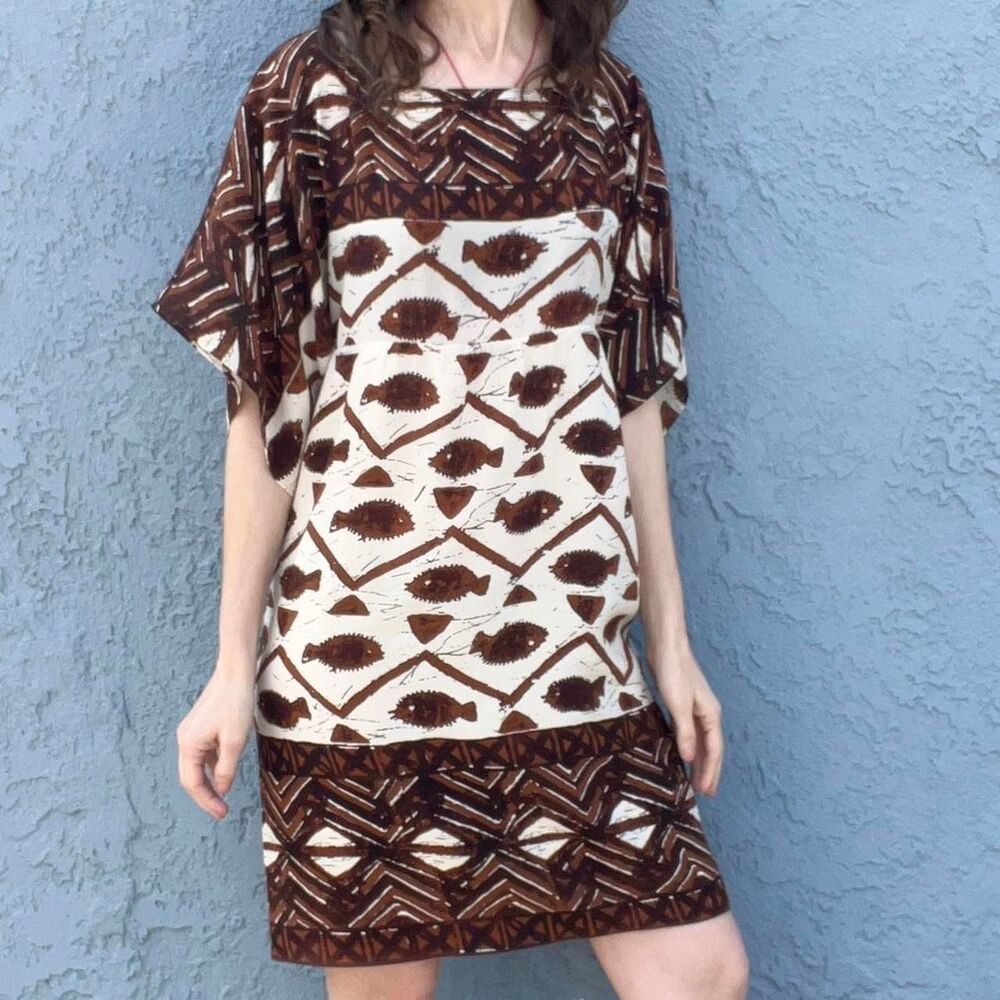 Anna Sui Silk Dress Fish print Shift Size 6 Anthropolgie